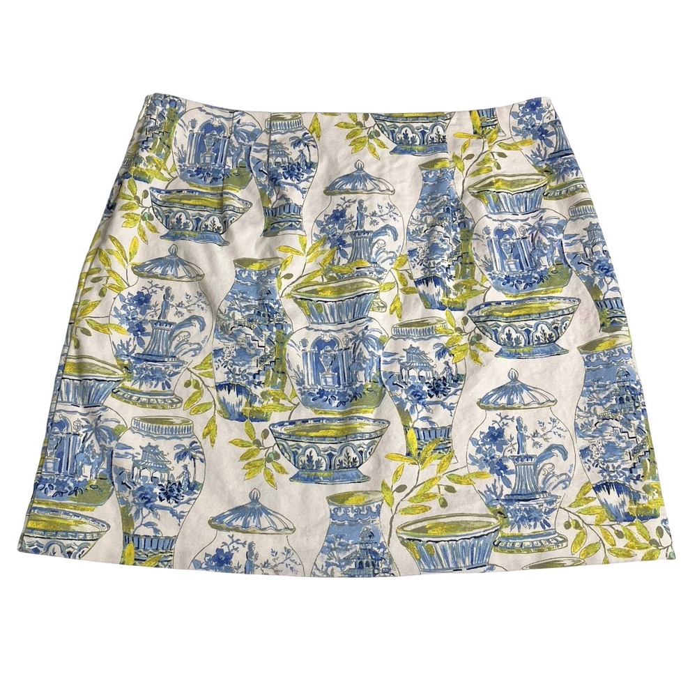 Talbots Chinoiserie Ginger Jar Skirt Womens 14P Blue Cream Cotton Short A-Line